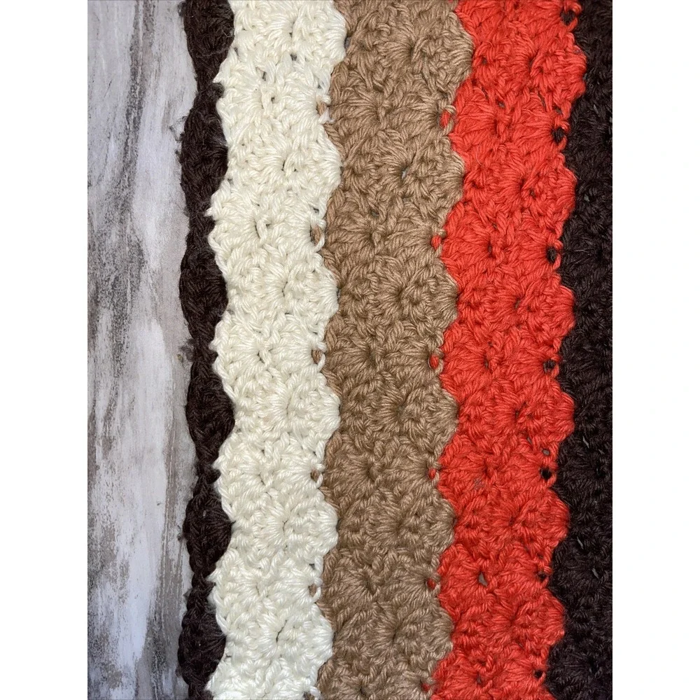 Vintage MCM Retro Fall Afghan Blanket Zig Zag Chevron Brown Orange White Throw